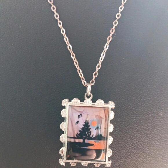 Vintage Morpho Butterfly Wing Reversable Pendant Necklace On Silver-tone Chain - Picture 4 of 7